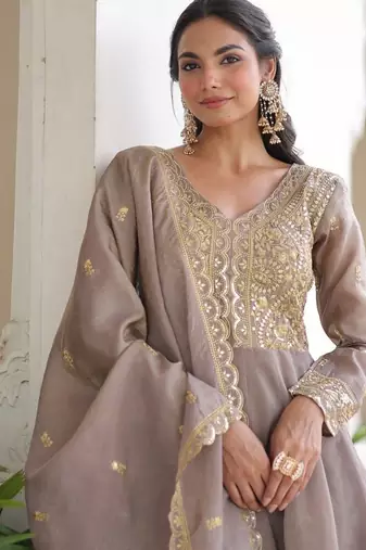 Cofee & sequins embroidered work silk blend stitched kurta & dupatta