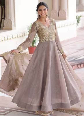 Cofee & sequins embroidered work silk blend stitched kurta & dupatta 4