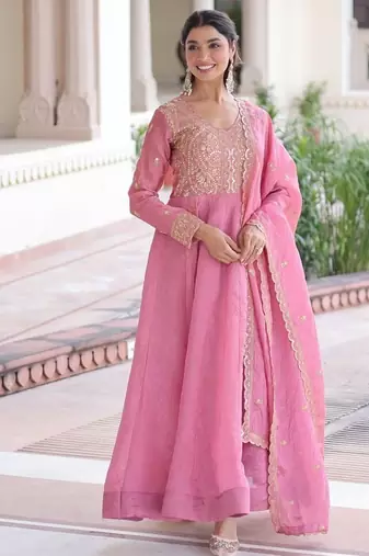 Pink & sequins embroidered work silk blend stitched kurta & dupatta