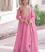 Pink & sequins embroidered work silk blend stitched kurta & dupatta