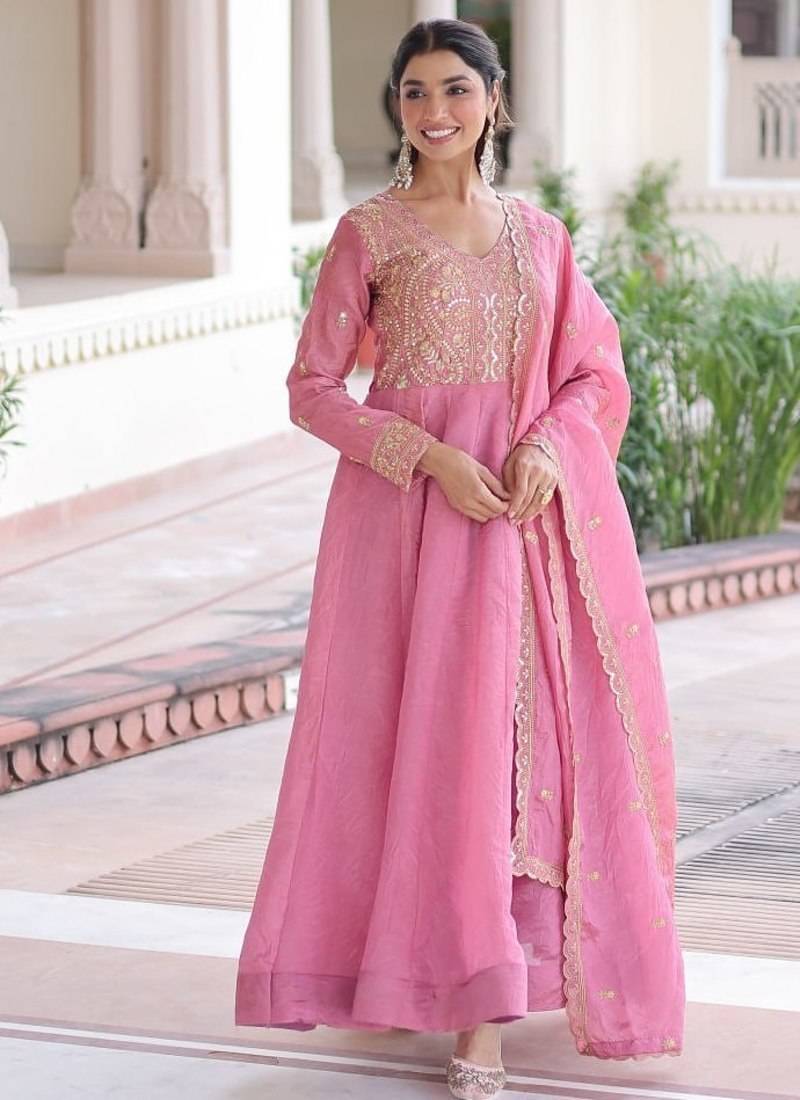 Pink & sequins embroidered work silk blend stitched kurta & dupatta