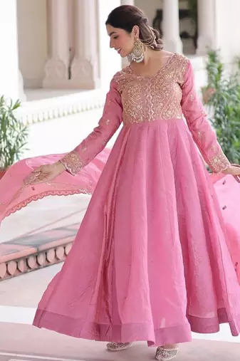 Pink & sequins embroidered work silk blend stitched kurta & dupatta