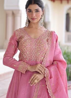 Pink & sequins embroidered work silk blend stitched kurta & dupatta 3