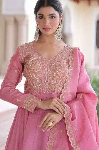 Pink & sequins embroidered work silk blend stitched kurta & dupatta
