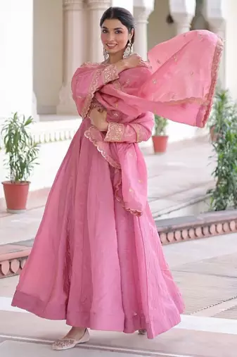 Pink & sequins embroidered work silk blend stitched kurta & dupatta