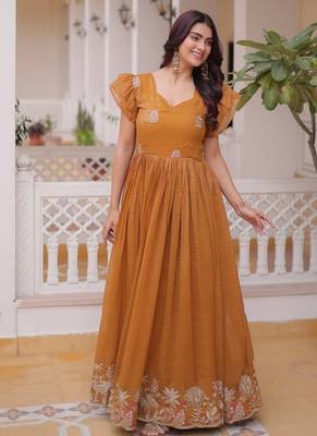 Mustard & sequins embroidered work silk blend stitched kurta & dupatta 1