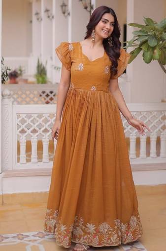 Mustard & sequins embroidered work silk blend stitched kurta & dupatta