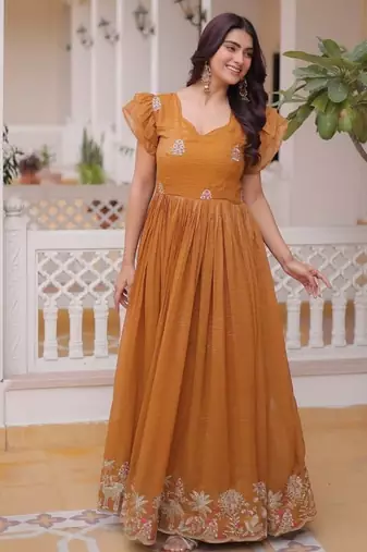 Mustard & sequins embroidered work silk blend stitched kurta & dupatta