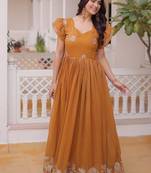 Mustard & sequins embroidered work silk blend stitched kurta & dupatta