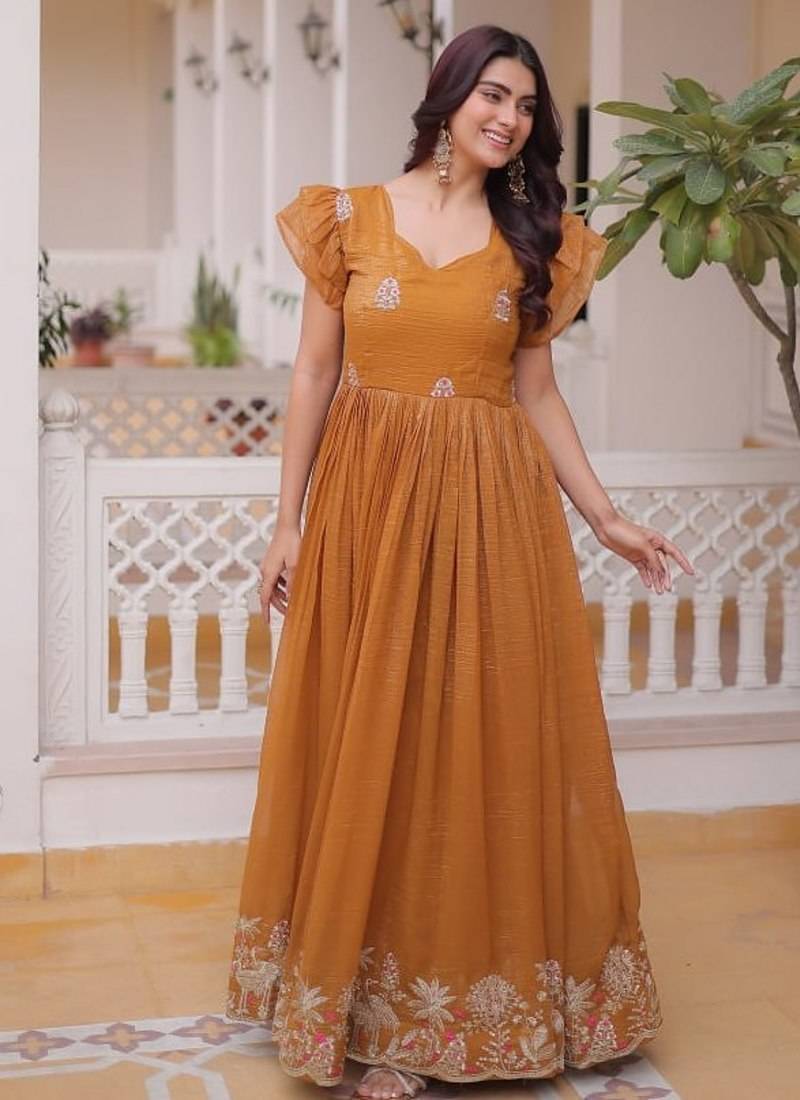 Mustard & sequins embroidered work silk blend stitched kurta & dupatta