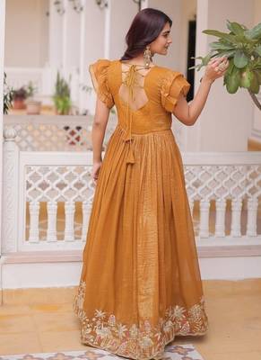 Mustard & sequins embroidered work silk blend stitched kurta & dupatta 2