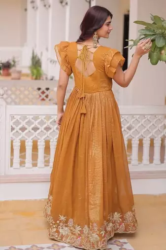 Mustard & sequins embroidered work silk blend stitched kurta & dupatta
