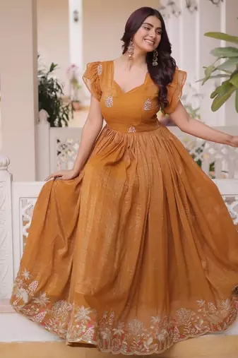 Mustard & sequins embroidered work silk blend stitched kurta & dupatta