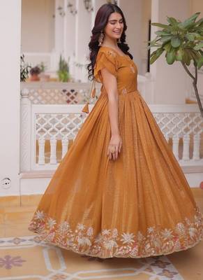 Mustard & sequins embroidered work silk blend stitched kurta & dupatta 4