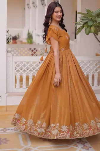 Mustard & sequins embroidered work silk blend stitched kurta & dupatta