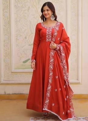 Red mal chanderi beads embroidered work silk blend stitched kurta & dupatta 1