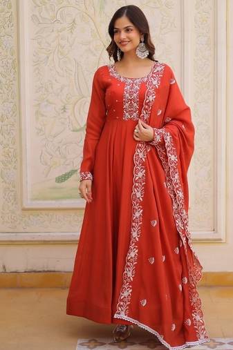 Red mal chanderi beads embroidered work silk blend stitched kurta & dupatta