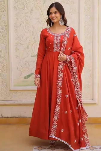 Red mal chanderi beads embroidered work silk blend stitched kurta & dupatta