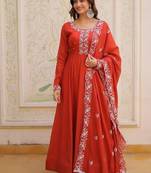 Red mal chanderi beads embroidered work silk blend stitched kurta & dupatta