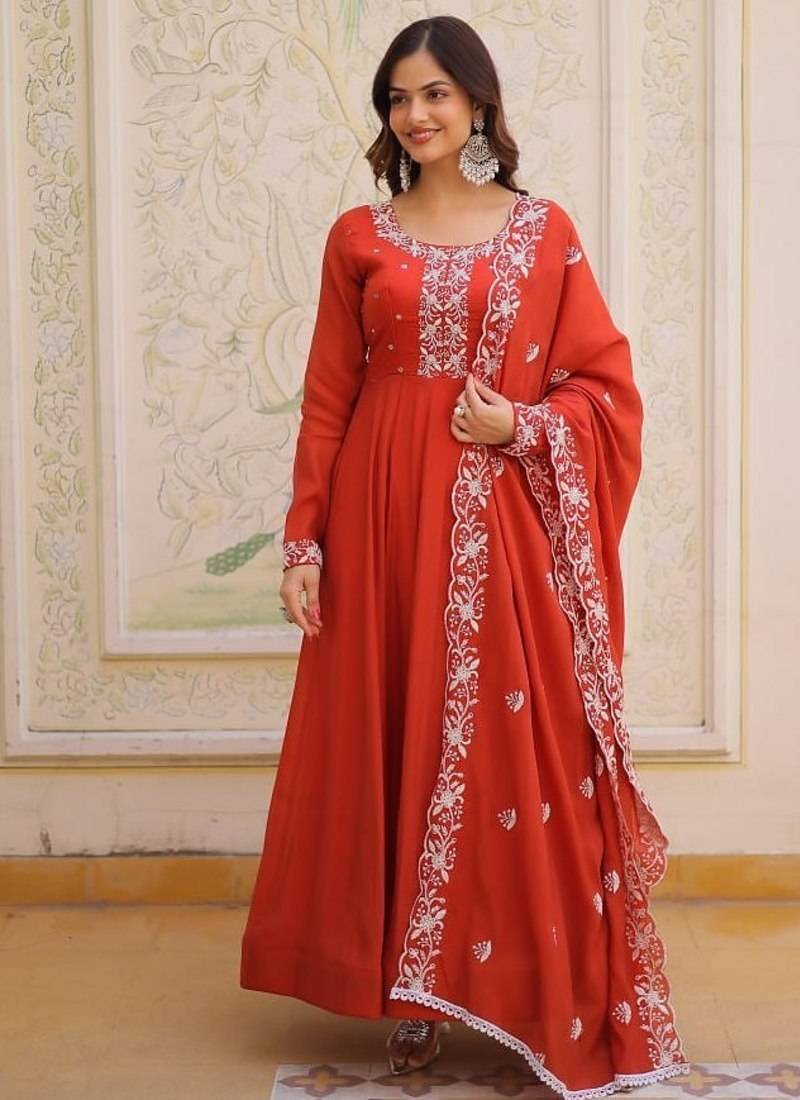 Red mal chanderi beads embroidered work silk blend stitched kurta & dupatta