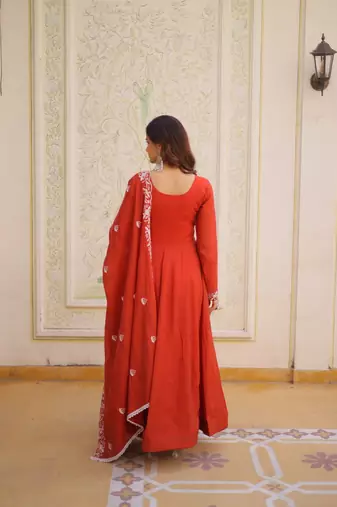 Red mal chanderi beads embroidered work silk blend stitched kurta & dupatta