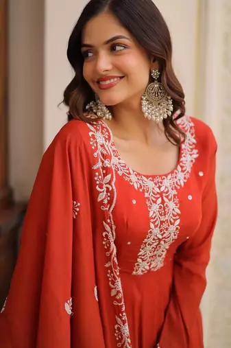 Red mal chanderi beads embroidered work silk blend stitched kurta & dupatta