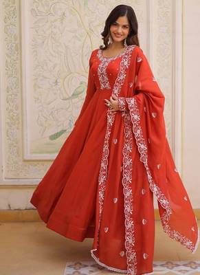 Red mal chanderi beads embroidered work silk blend stitched kurta & dupatta 4