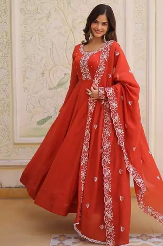 Red mal chanderi beads embroidered work silk blend stitched kurta & dupatta