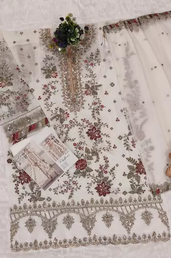 White chiffon suit with embroidery & sequin work