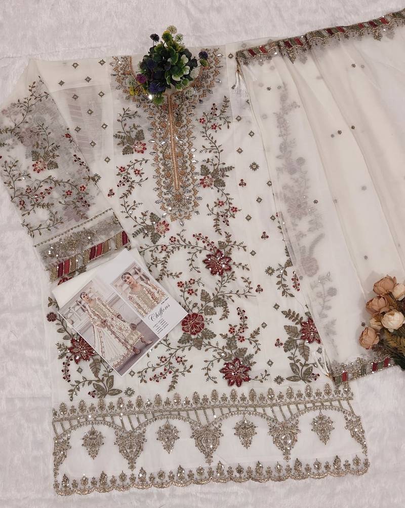 White chiffon suit with embroidery & sequin work