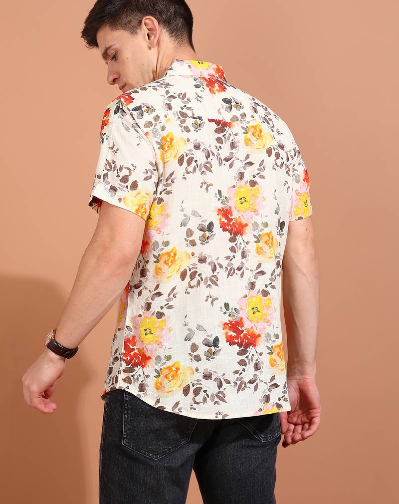 men's cotton floral printed short sleeve regular shirt