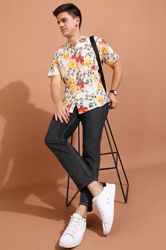  men's cotton floral printed short sleeve regular shirt