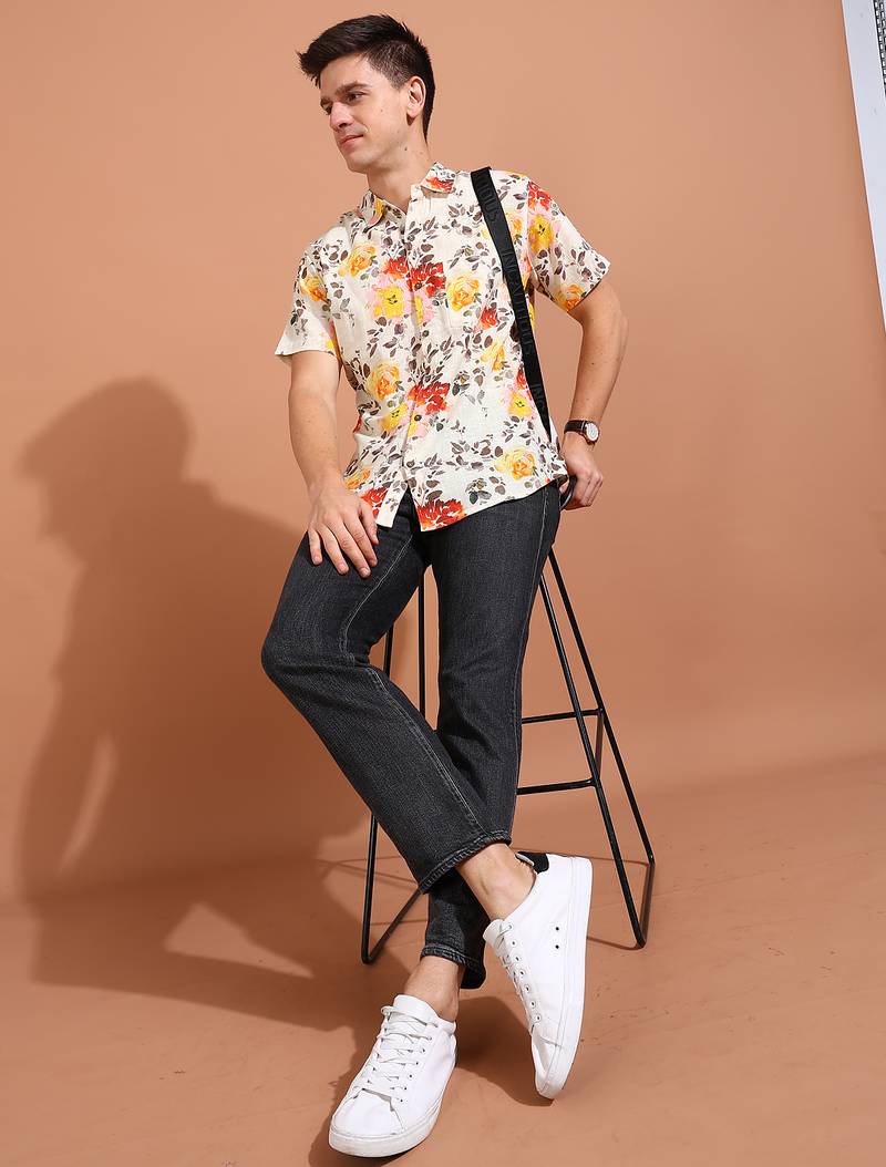  men's cotton floral printed short sleeve regular shirt