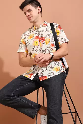  men's cotton floral printed short sleeve regular shirt