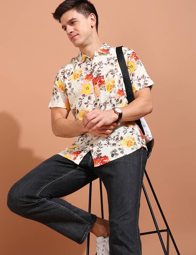  men's cotton floral printed short sleeve regular shirt