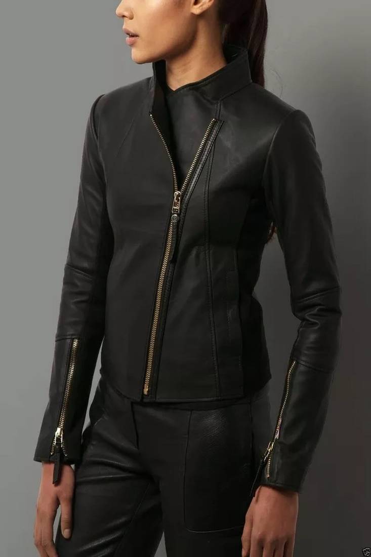 Women’s real soft lambskin leather jacket black motorcycle biker stylish slim fit
