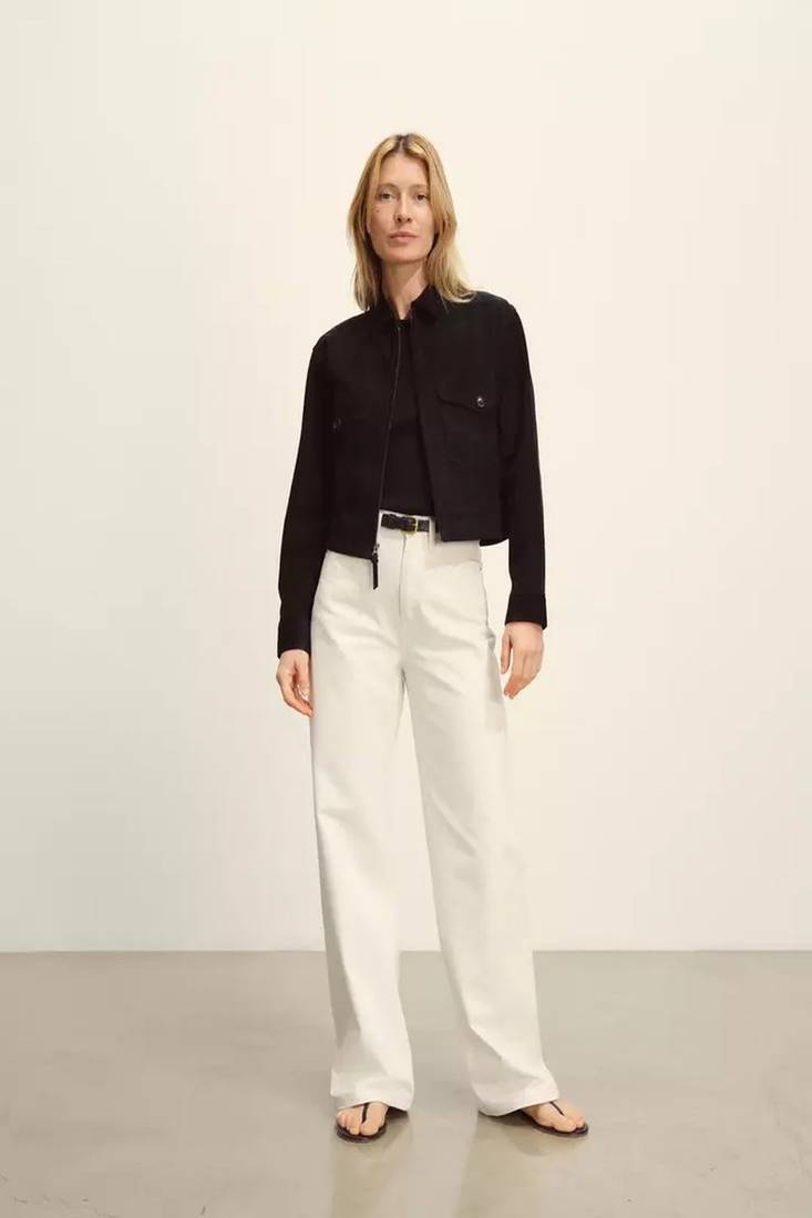 Women’s black suede leather cropped jacket genuine lambskin minimalist biker style