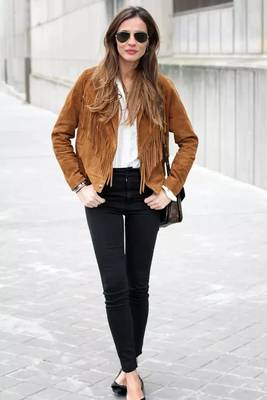 women's brown suede leather biker jacket fringed western design 1