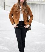 Women’s brown suede leather fringe jacket handmade western cowgirl biker style