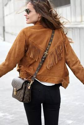 women's brown suede leather biker jacket fringed western design 3