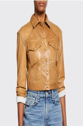 Women’s tan leather short jacket cropped slim fit classic style coat
