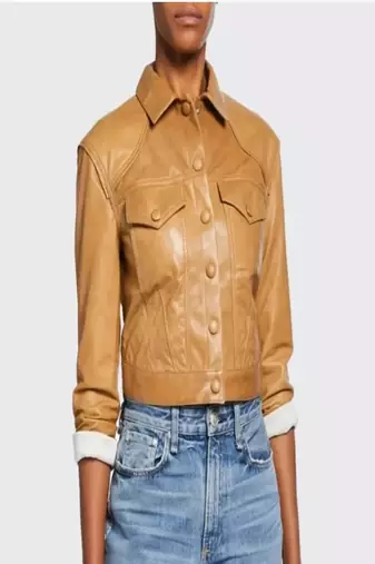 Women’s tan leather short jacket cropped slim fit classic style coat