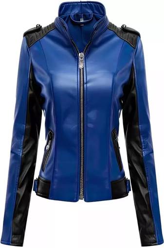 Women’s blue & black genuine leather biker jacket slim fit zip-up motorcycle coat
