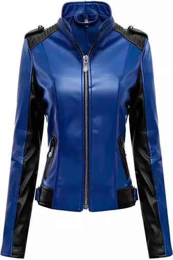 Women’s blue & black genuine leather biker jacket slim fit zip-up motorcycle coat