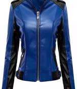 Women’s blue & black genuine leather biker jacket slim fit zip-up motorcycle coat