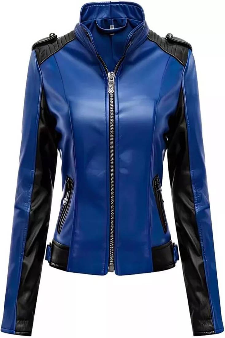 Women’s blue & black genuine leather biker jacket slim fit zip-up motorcycle coat
