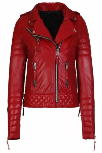 Women’s red genuine leather biker jacket quilted slim fit moto motorcycle coat