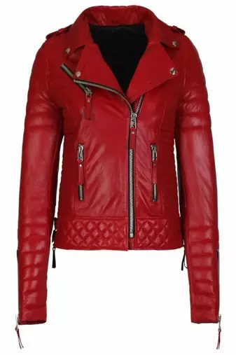 Women’s red genuine leather biker jacket quilted slim fit moto motorcycle coat