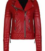 Women’s red genuine leather biker jacket quilted slim fit moto motorcycle coat