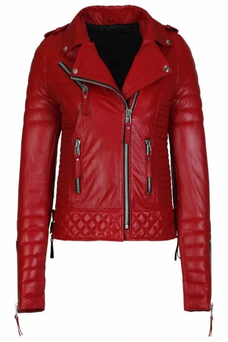 Women’s red genuine leather biker jacket quilted slim fit moto motorcycle coat